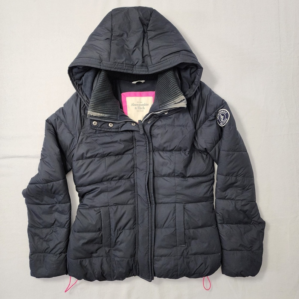 Vintage Y2K Abercrombie Fitch Puffer Jacket Womens Large Black Lined Down Hooded